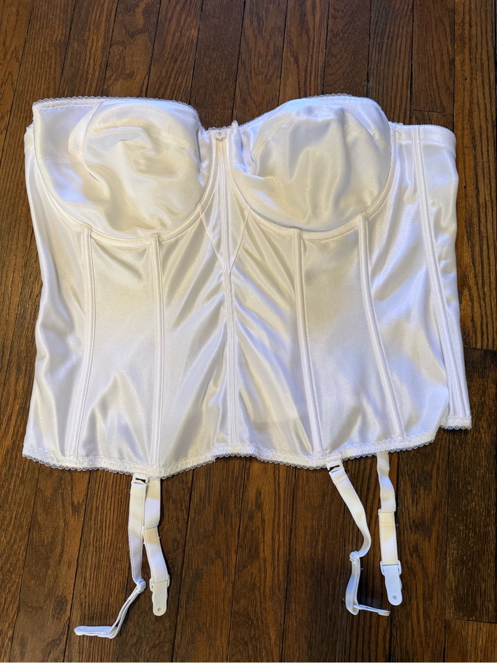 Dominique White Satin Longline Bustier with removable Garter Straps size 44D